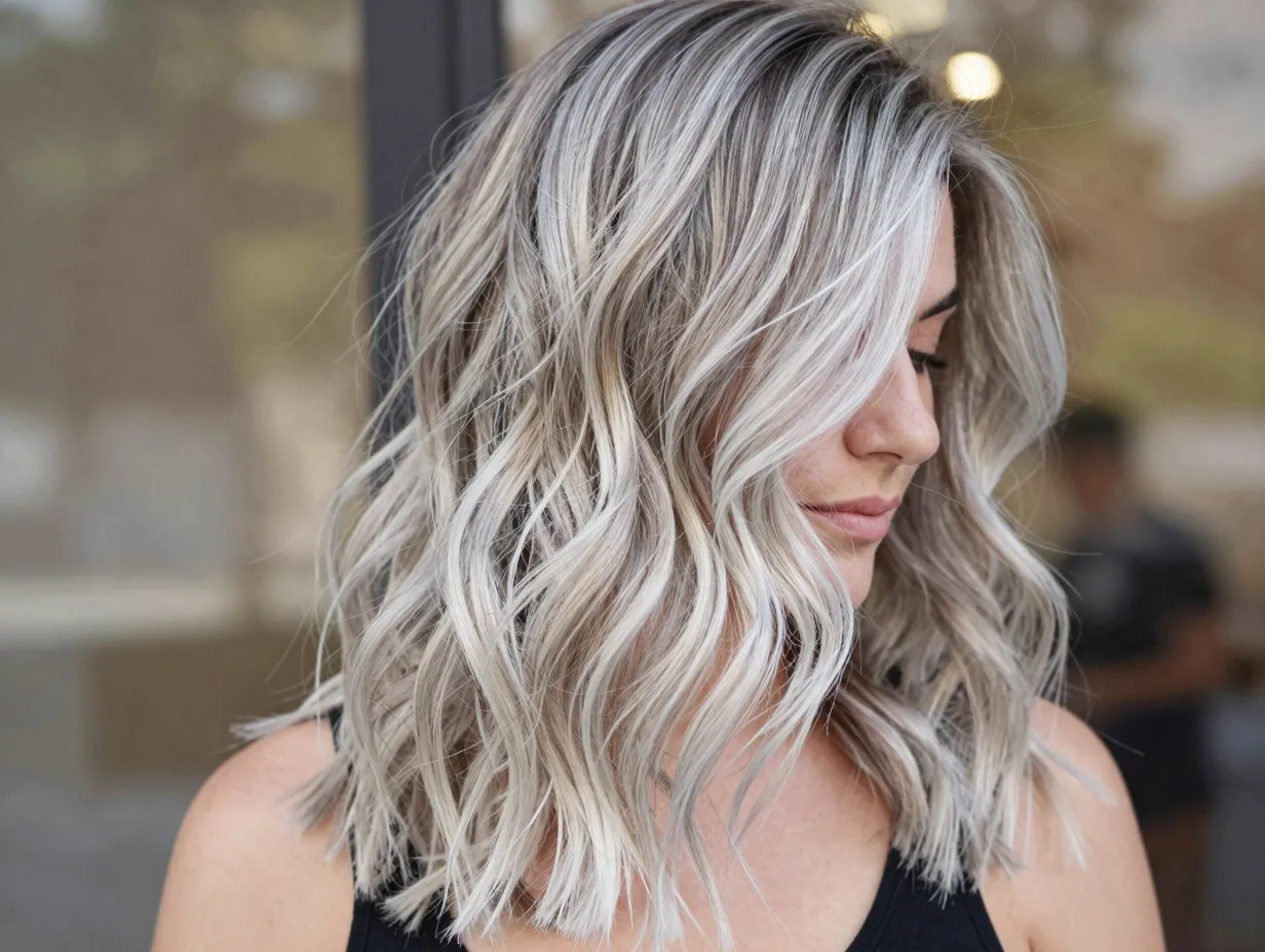 Hand painted platinum balayage with shadow root waves