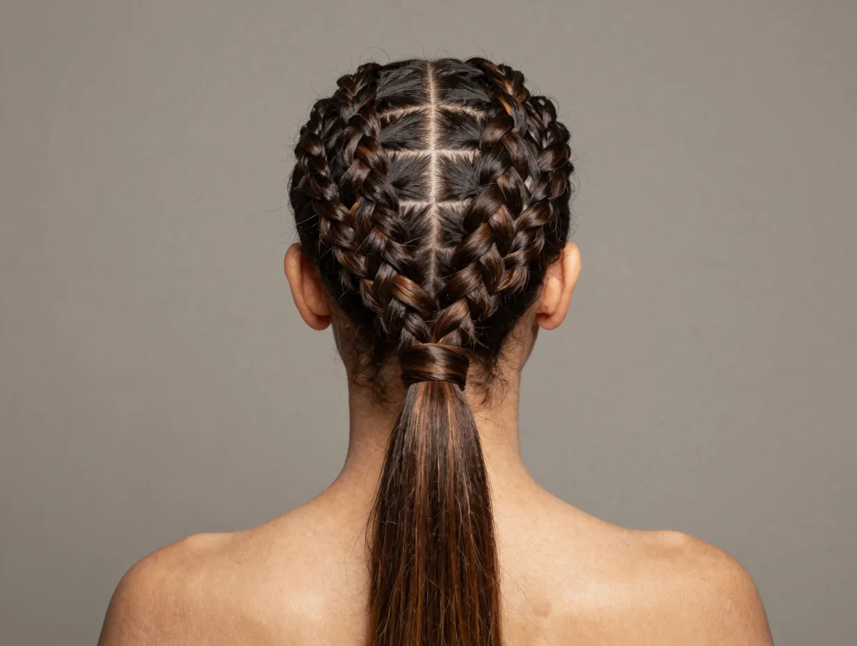 Pair of inverted dutch braids merging into a sleek ponytail on natural hair