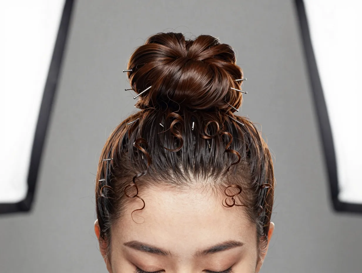 Polished top bun on crown with tightly twisted curly hair