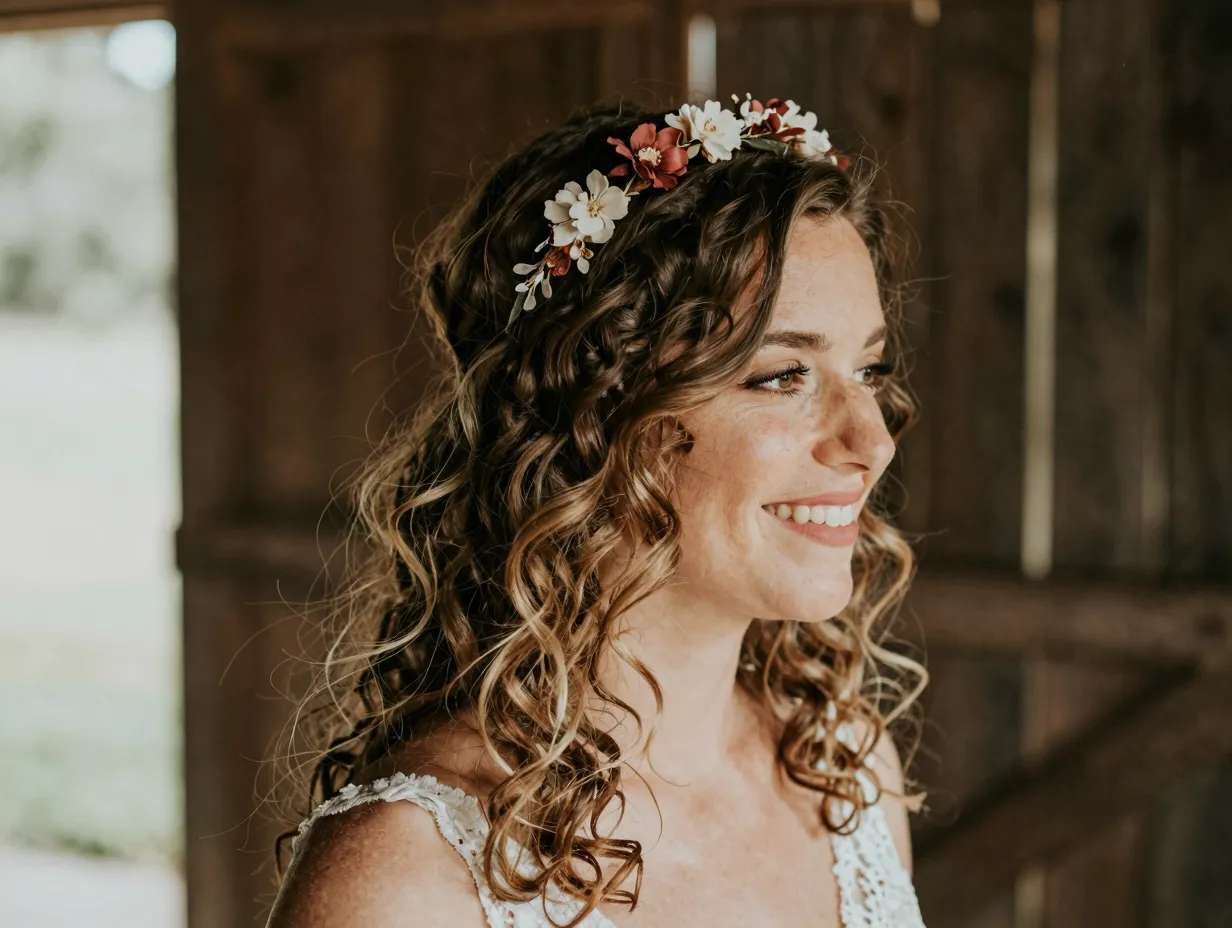 Romantic tousled brushed out curls with floral headband rustic wedding