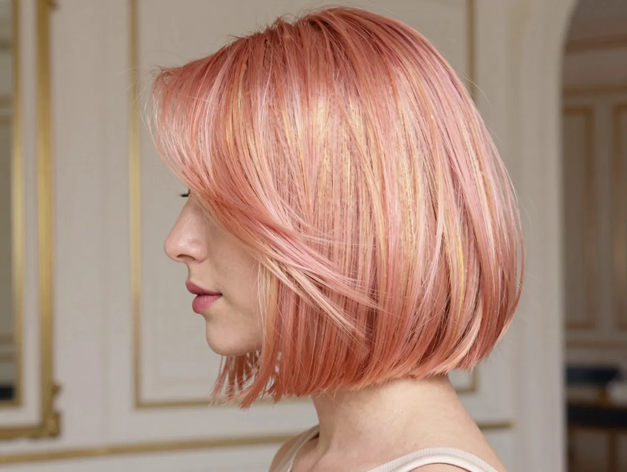 Rose gold french bob with luminous warm tones
