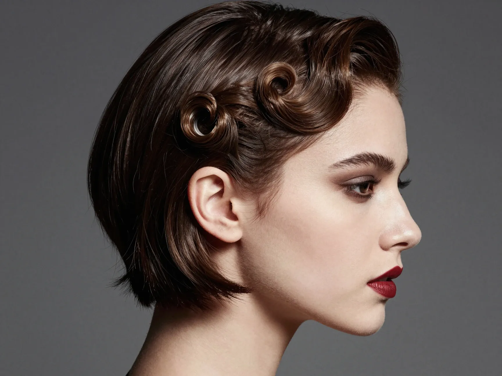 Slicked back vintage bixie kiss curl temple detailing