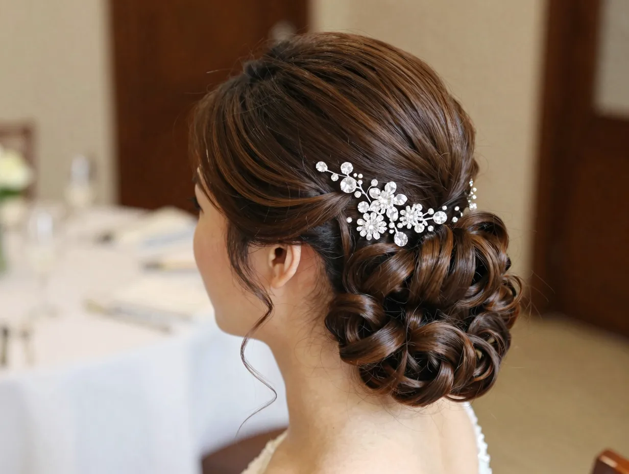 Bride with half up defined curls and crystal clip indoor wedding