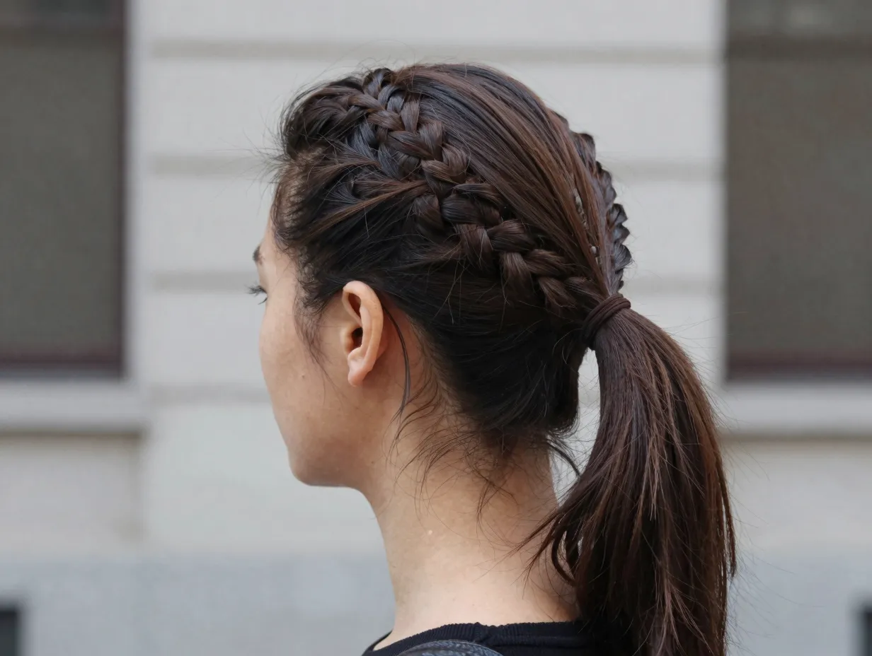 One sided asymmetrical small braid incorporated into a low sleek ponytail