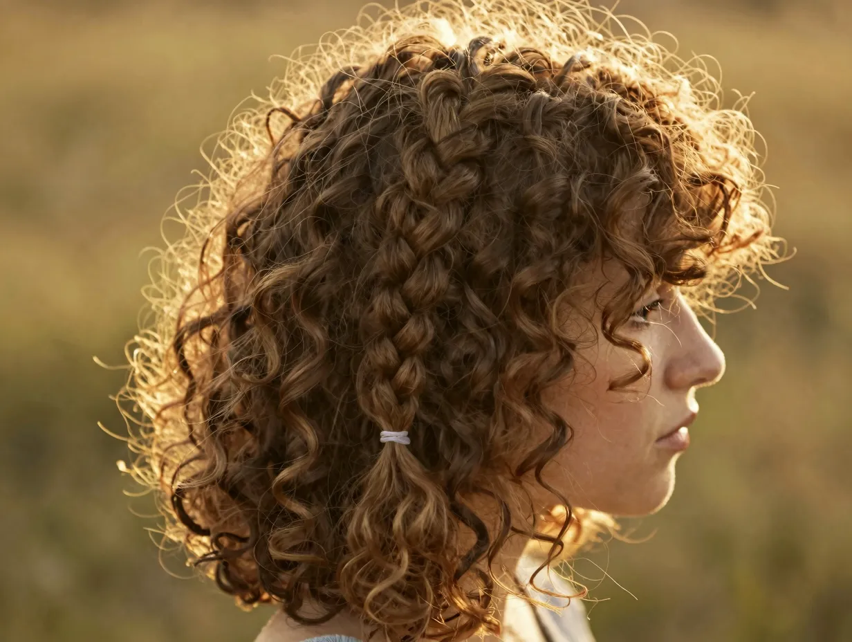 Romantic side french braid on chin length curly hair