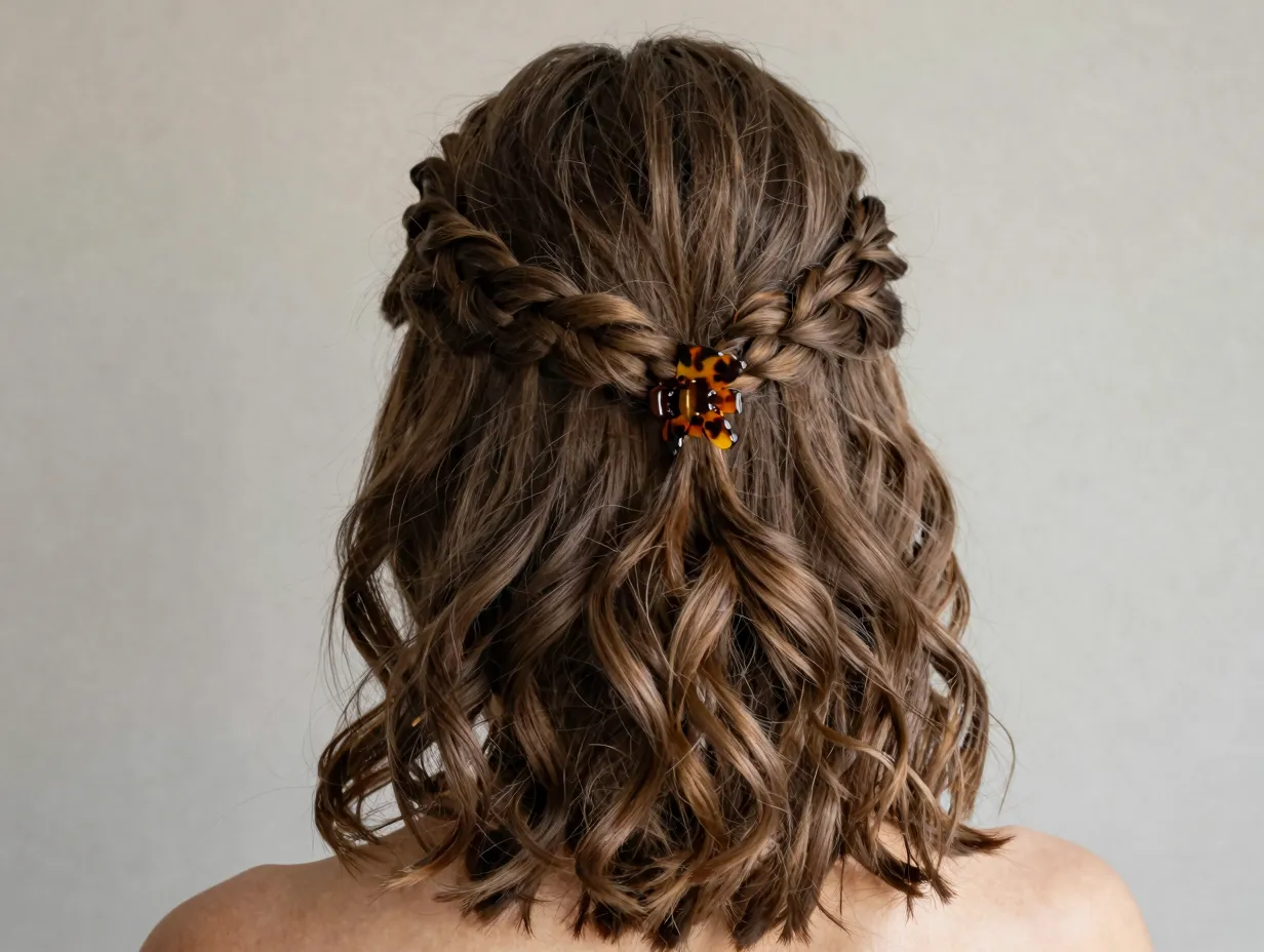Twisted crown half up hairstyle secured with single claw clip