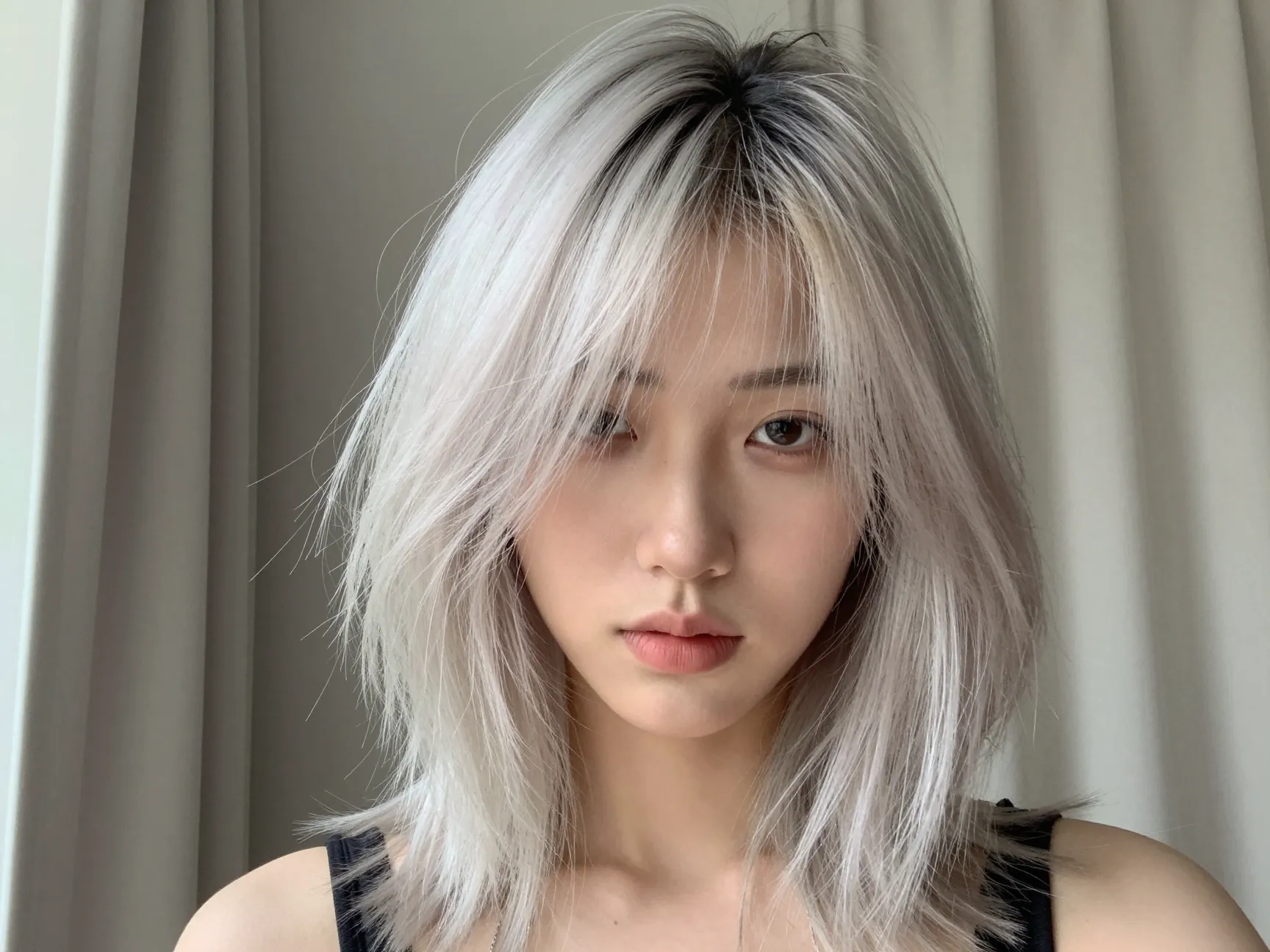 Curtain bangs framing face with shadow root lob back