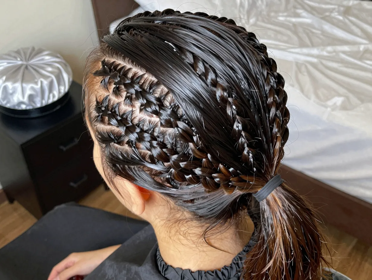 Gel slicked mid ponytail with visible cornrow base on natural transitioning hair