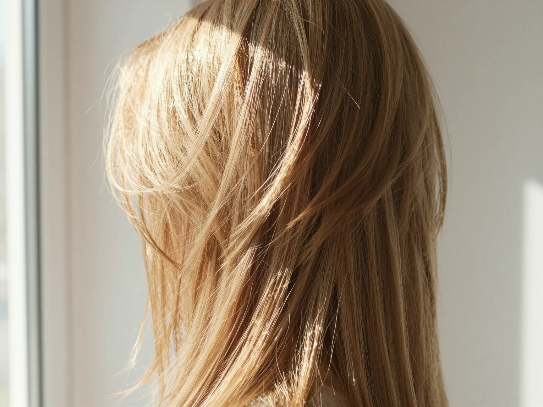 Light creating highlight and shadow dimension on layered straight hair