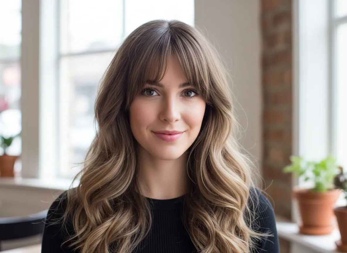 Modern curtain bangs with loose waves on thick hair