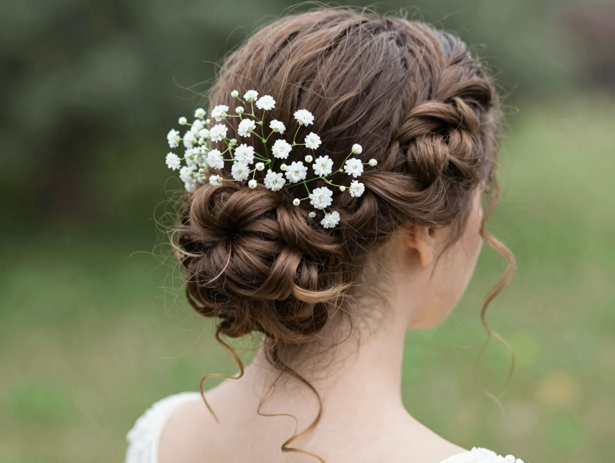 Romantic low chignon with babys breath flowers vintage wedding