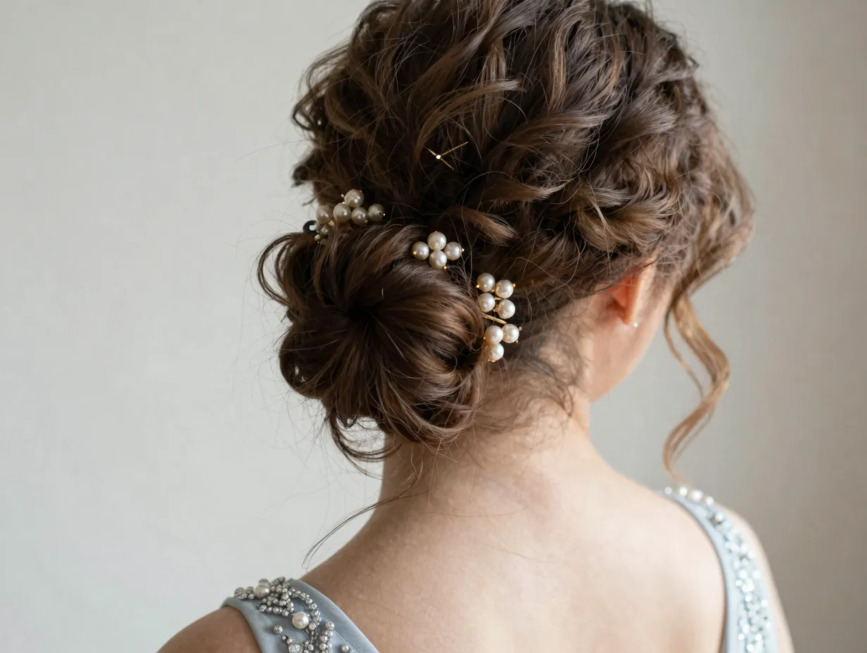Textured low bun with loose pieces and vintage pearl pins