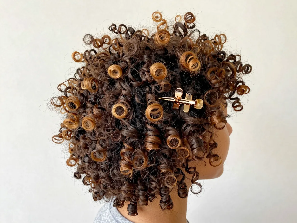 Voluminous puff half up hairstyle for curly hair with wide tooth claw clip