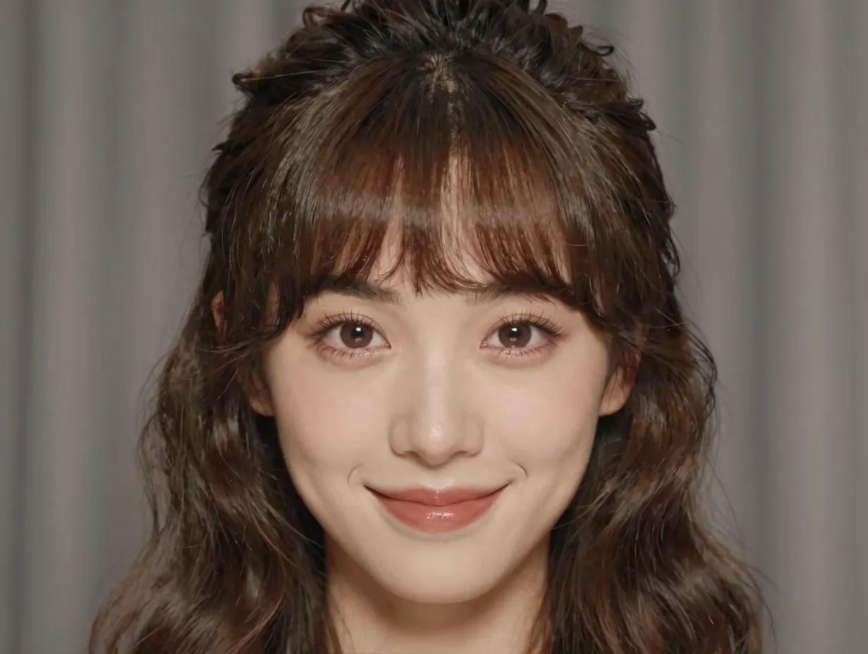 Curtain bangs framing face on woman with half up hairstyle