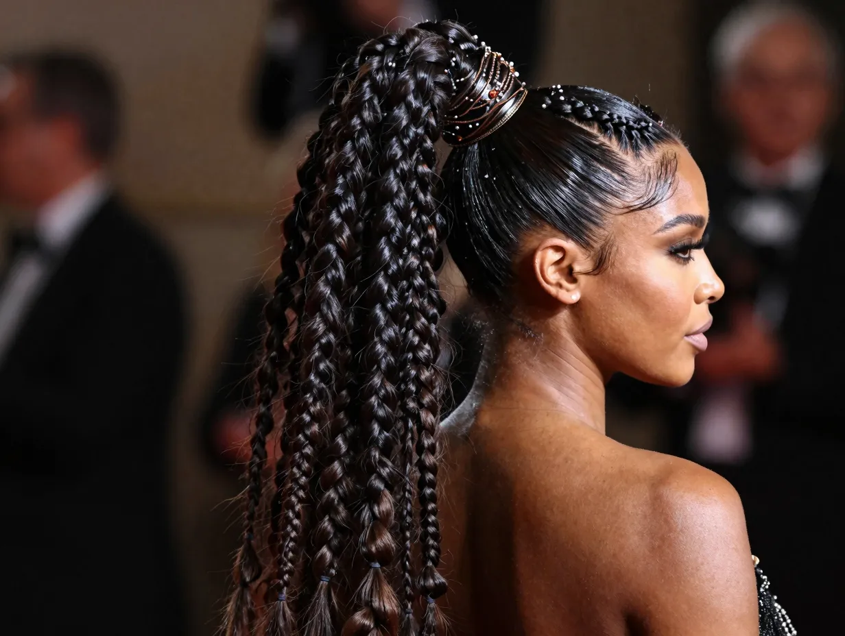 Jumbo box braids slicked back into a dramatic high ponytail with decorative cuff