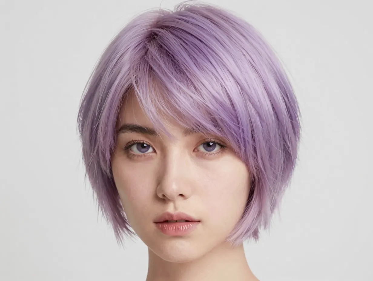 Pastel lavender pixie cut with soft ethereal color