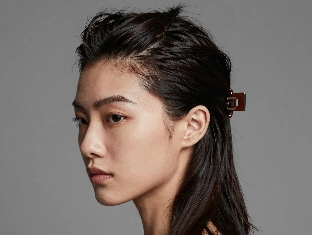 Side swept asymmetrical half up hairstyle with deep side part