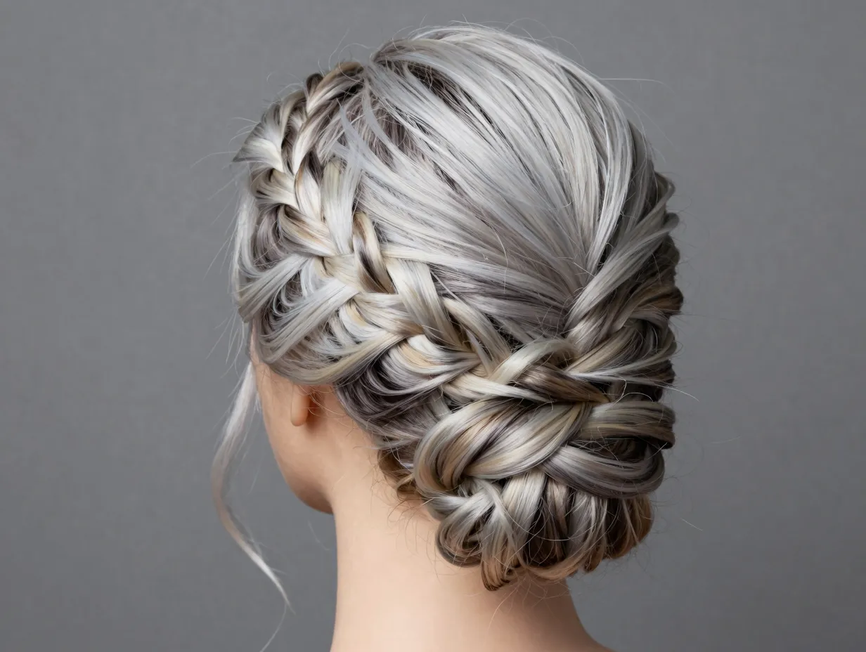 Braided updo showcasing platinum braid and dark root