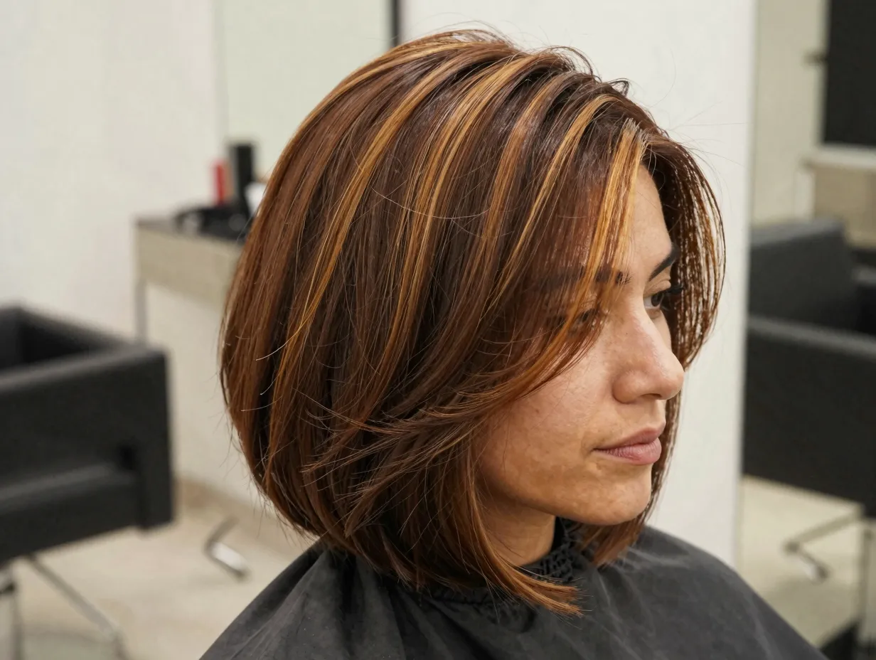 Chocolate brown bob with caramel face framing highlights