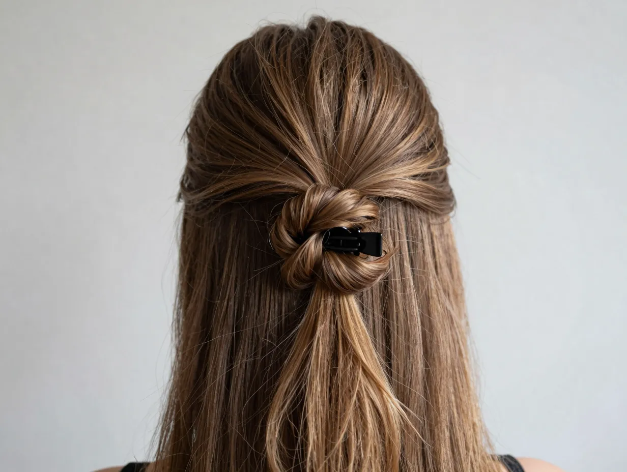 Knotted half up hairstyle featuring loose overhand knot