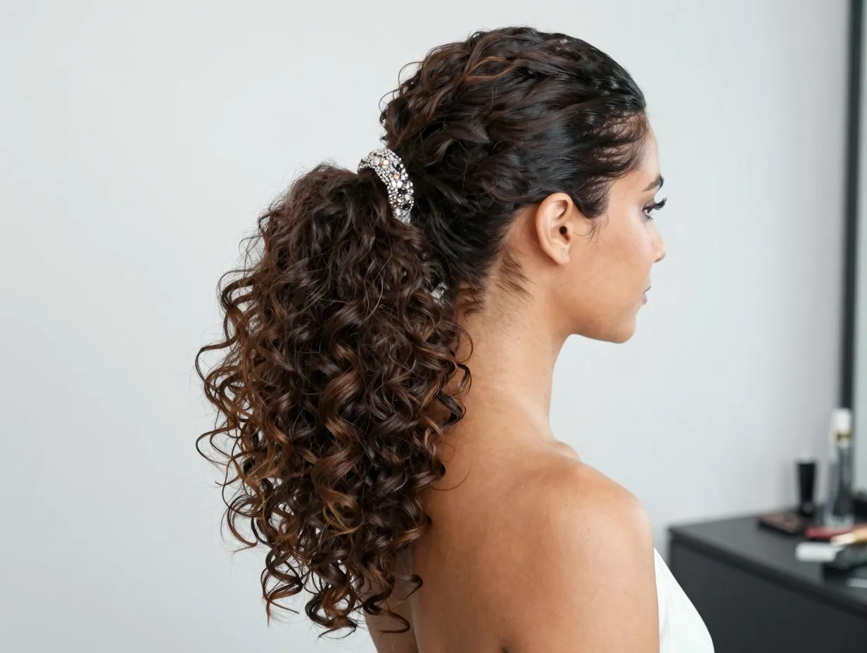 Modern low ponytail with voluminous curly bounce wedding guest