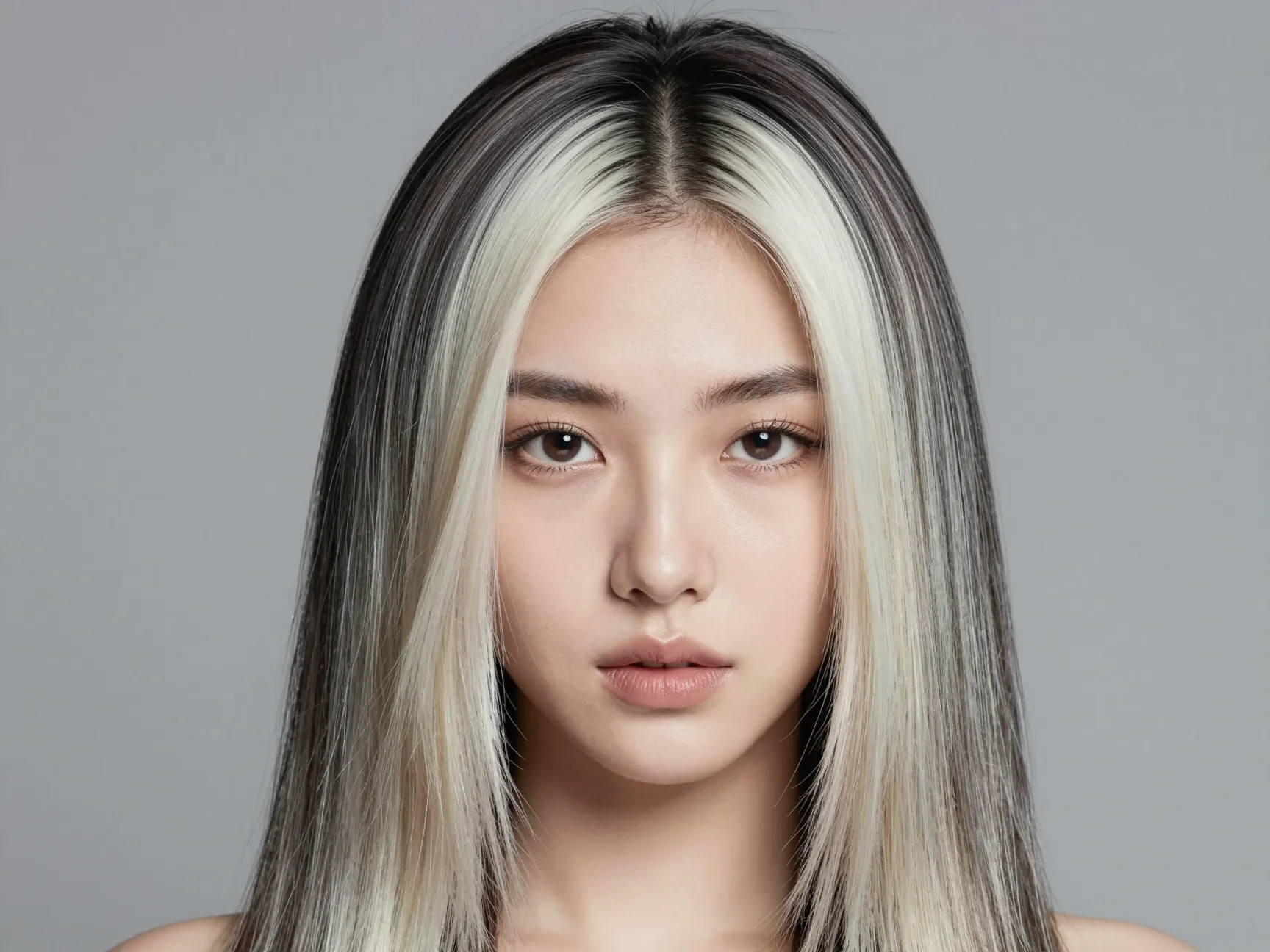 Bold platinum money piece highlights with full shadow root