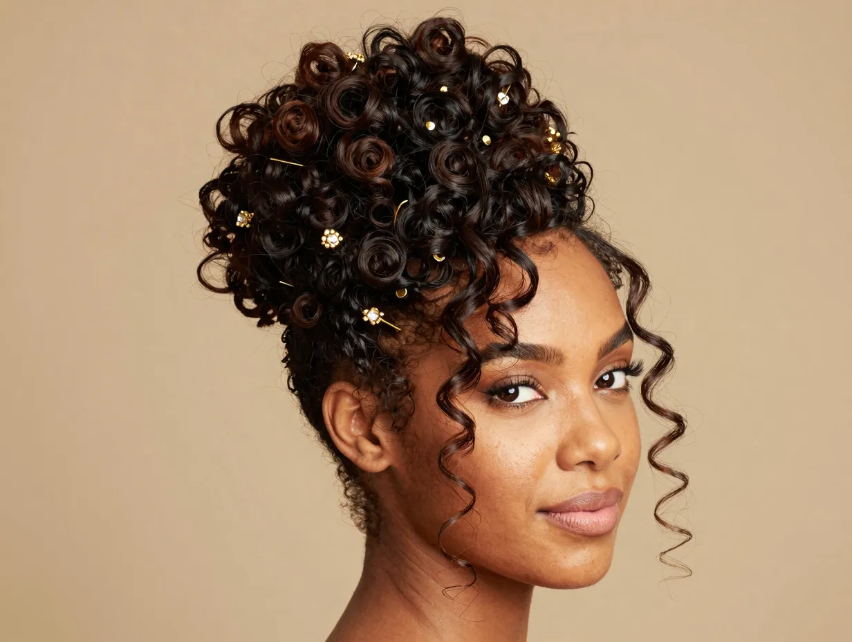 Defined natural curly hair in pineapple updo with gold pins
