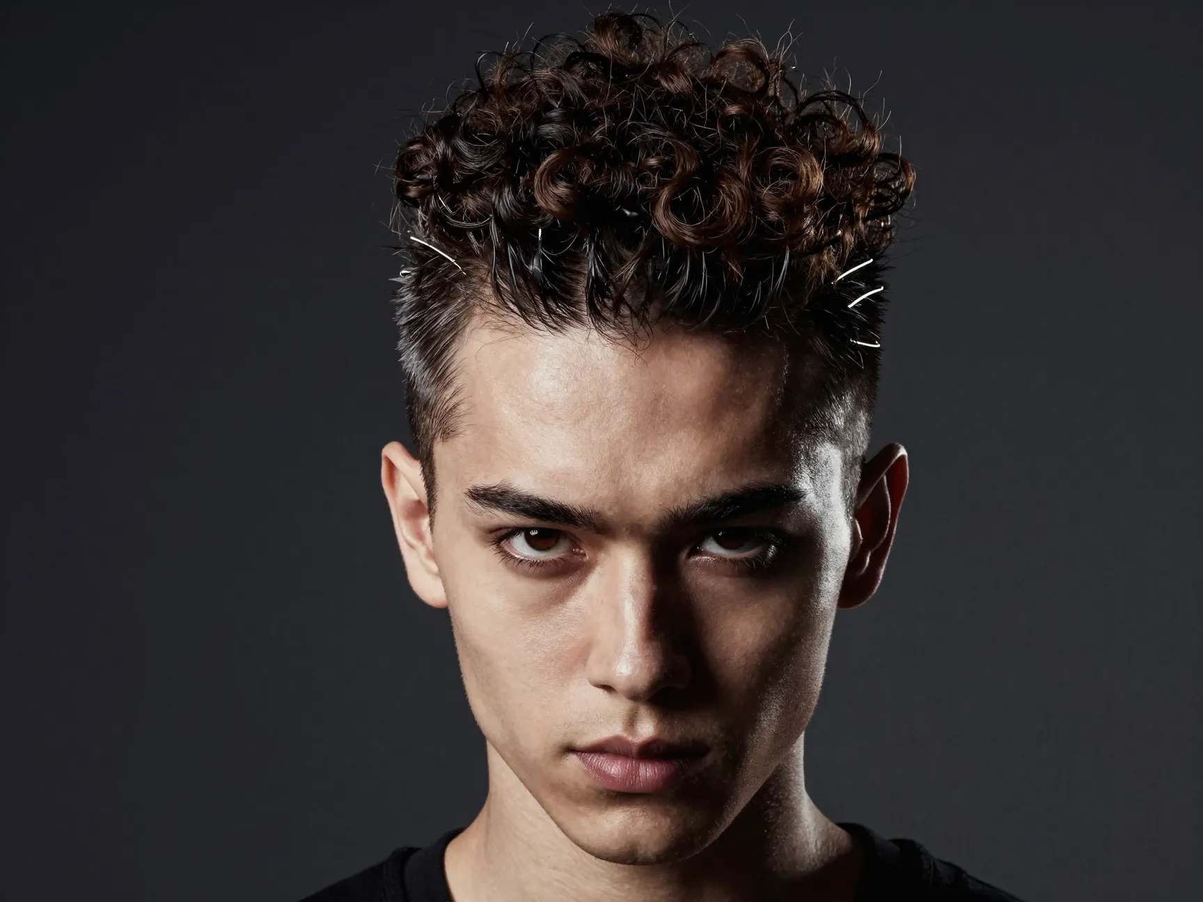Edgy curly faux hawk with gelled sides and lifted center