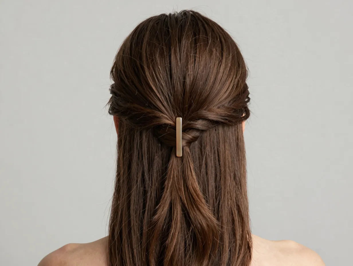 Low gathered half up hairstyle for formal occasions with vertical clip