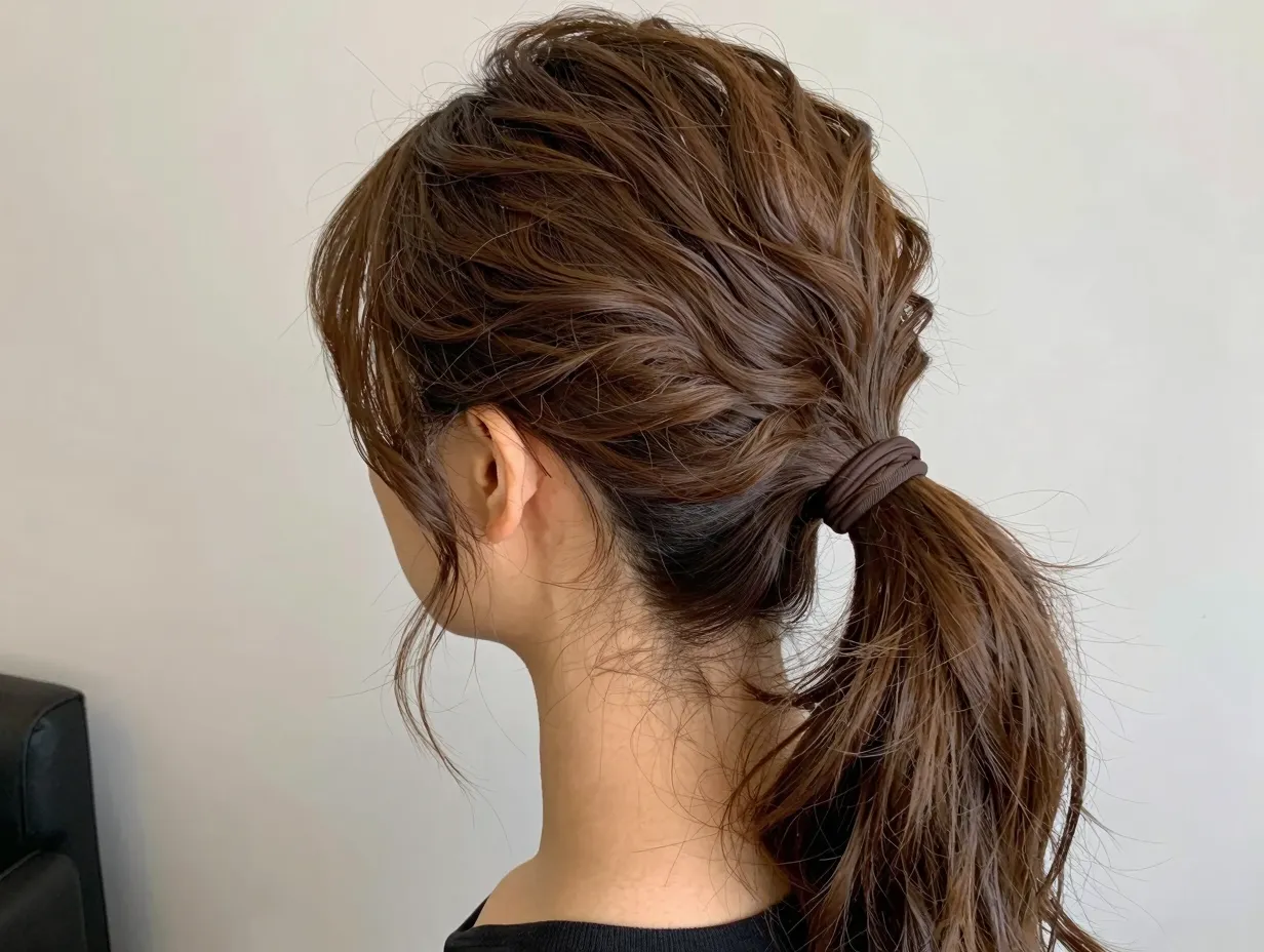 Textured low ponytail with soft crown volume on thick hair