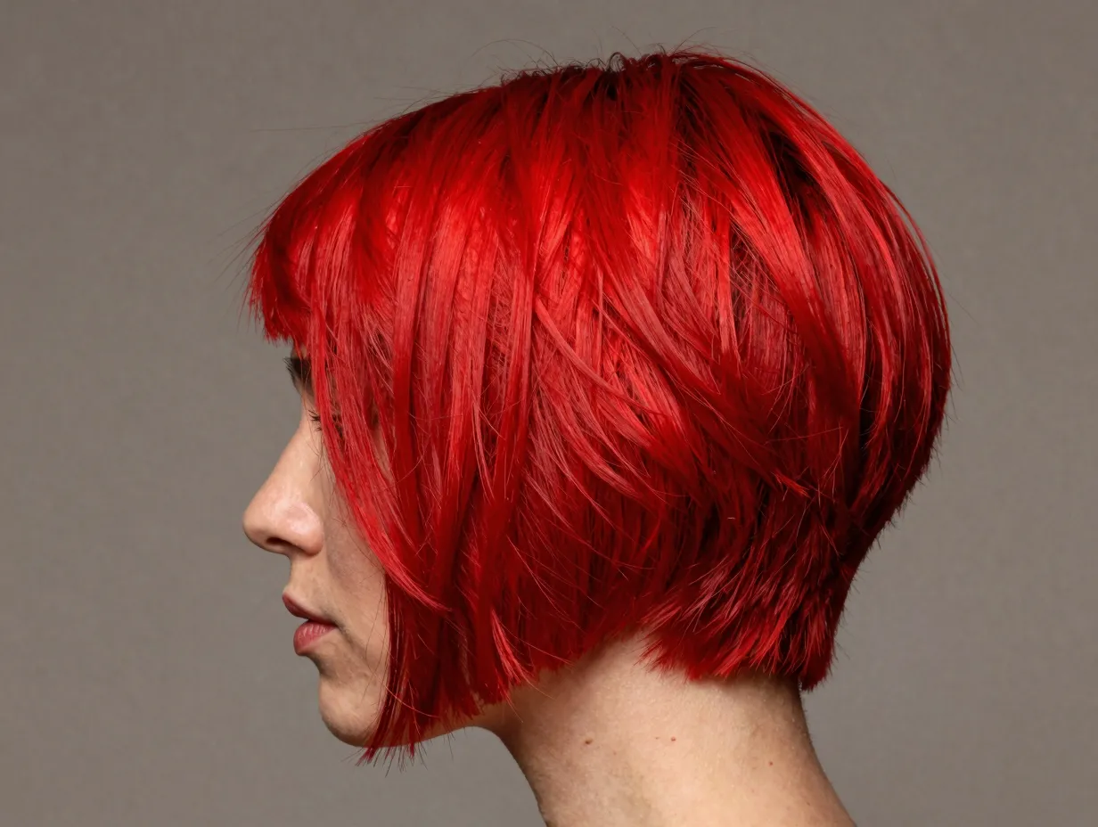 Vibrant red pixie cut with bold saturated color