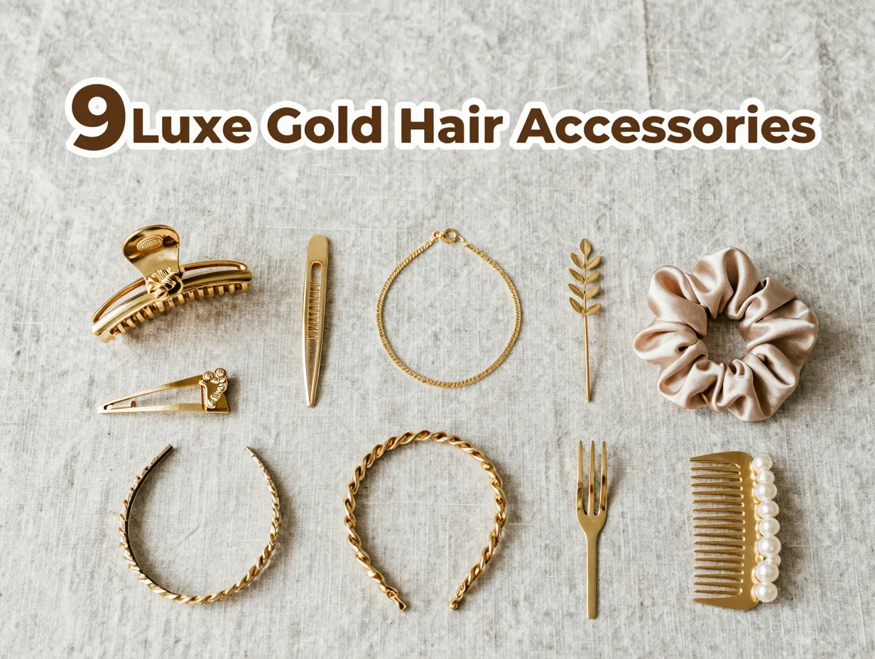 Curated collection of nine luxe gold hair accessories flat lay