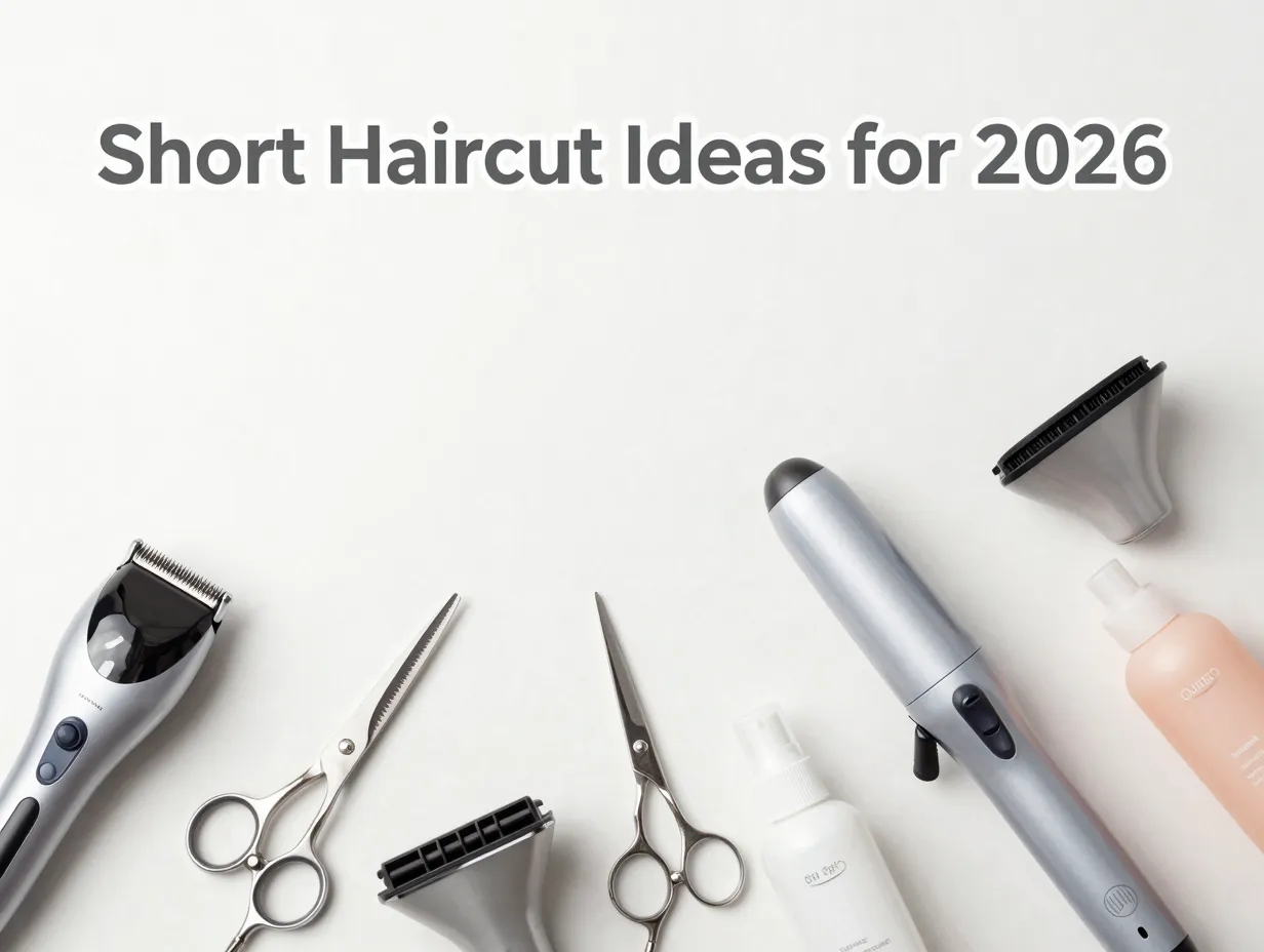 Hair styling tools razor scissors curling iron diffuser products flat lay
