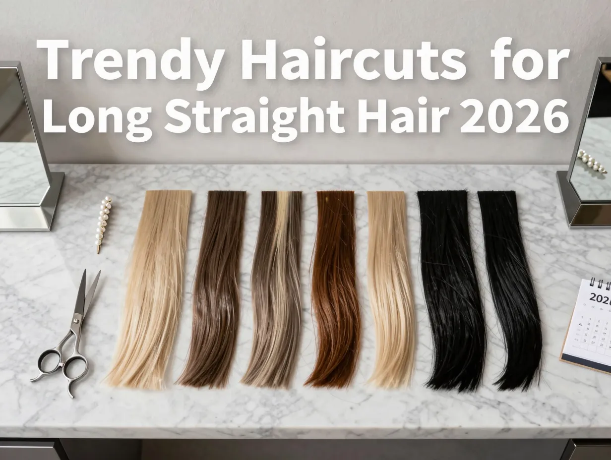 Nine glossy hair swatches mirror shears pearl pin 2026 flatlay