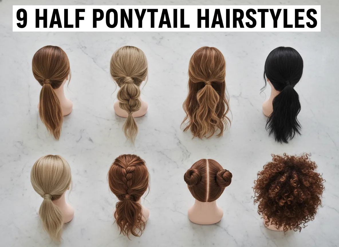 Nine versatile half ponytail mannequin flat lay marble background