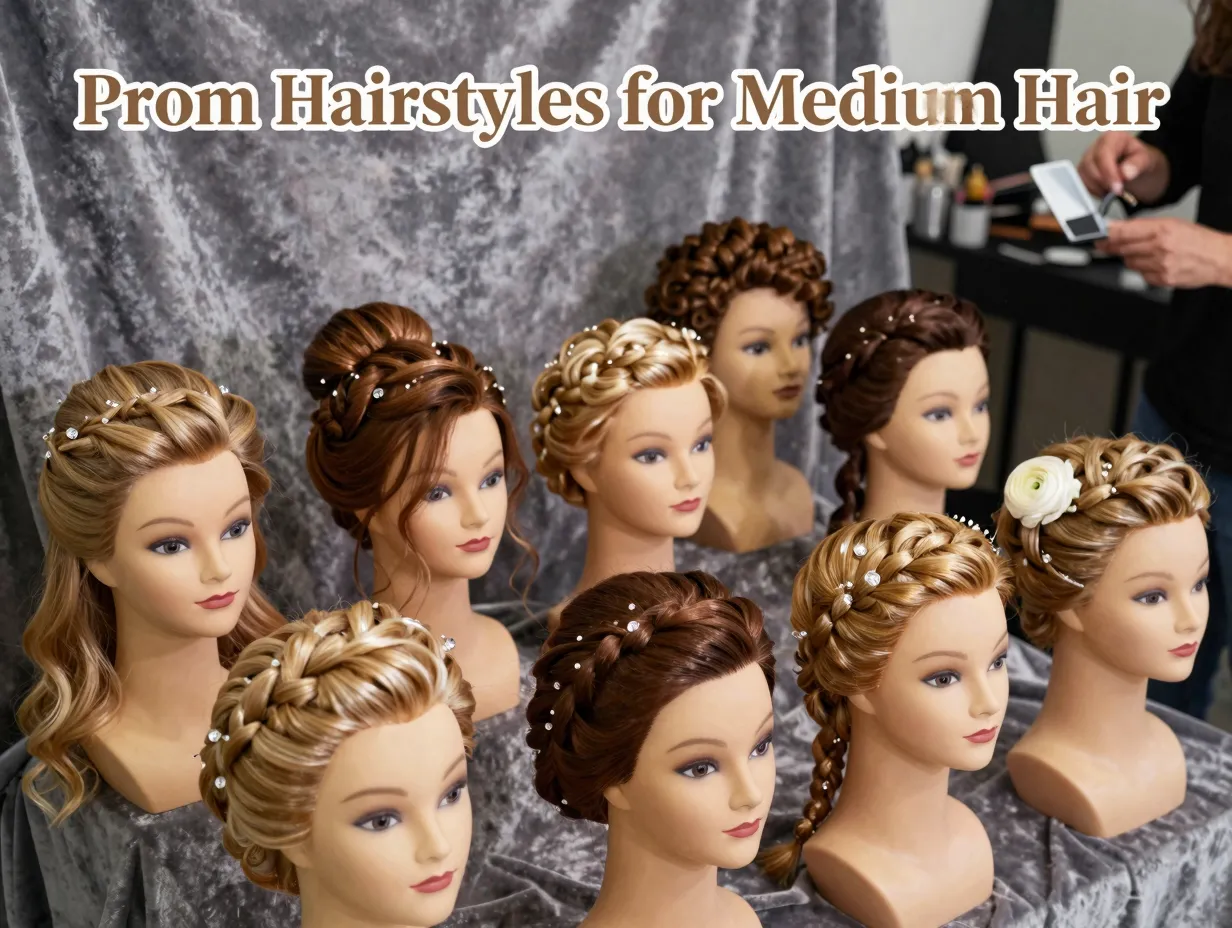 Prom medium hair nine styles mannequins flowers golden lighting