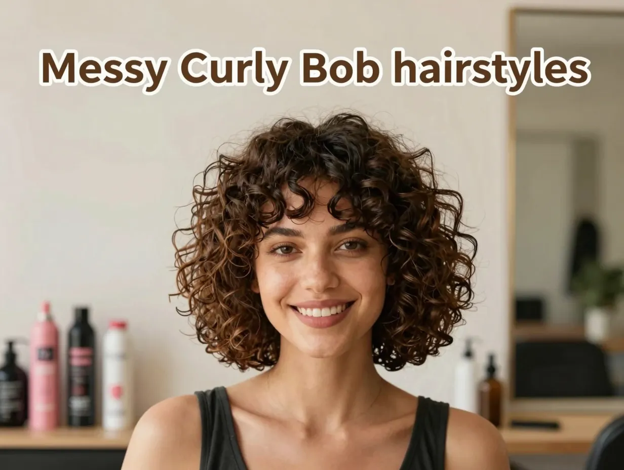 Textured curly bob model natural lighting warm styling products