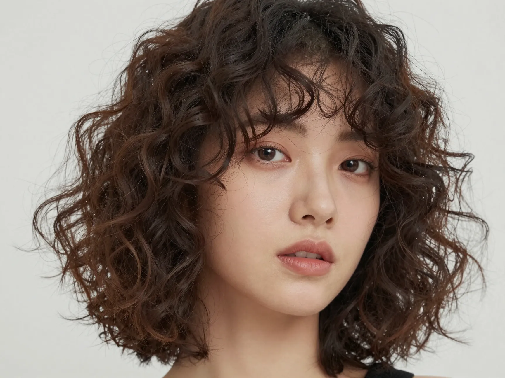 Chin length tousled curly bob with soft bouncy choppy ends