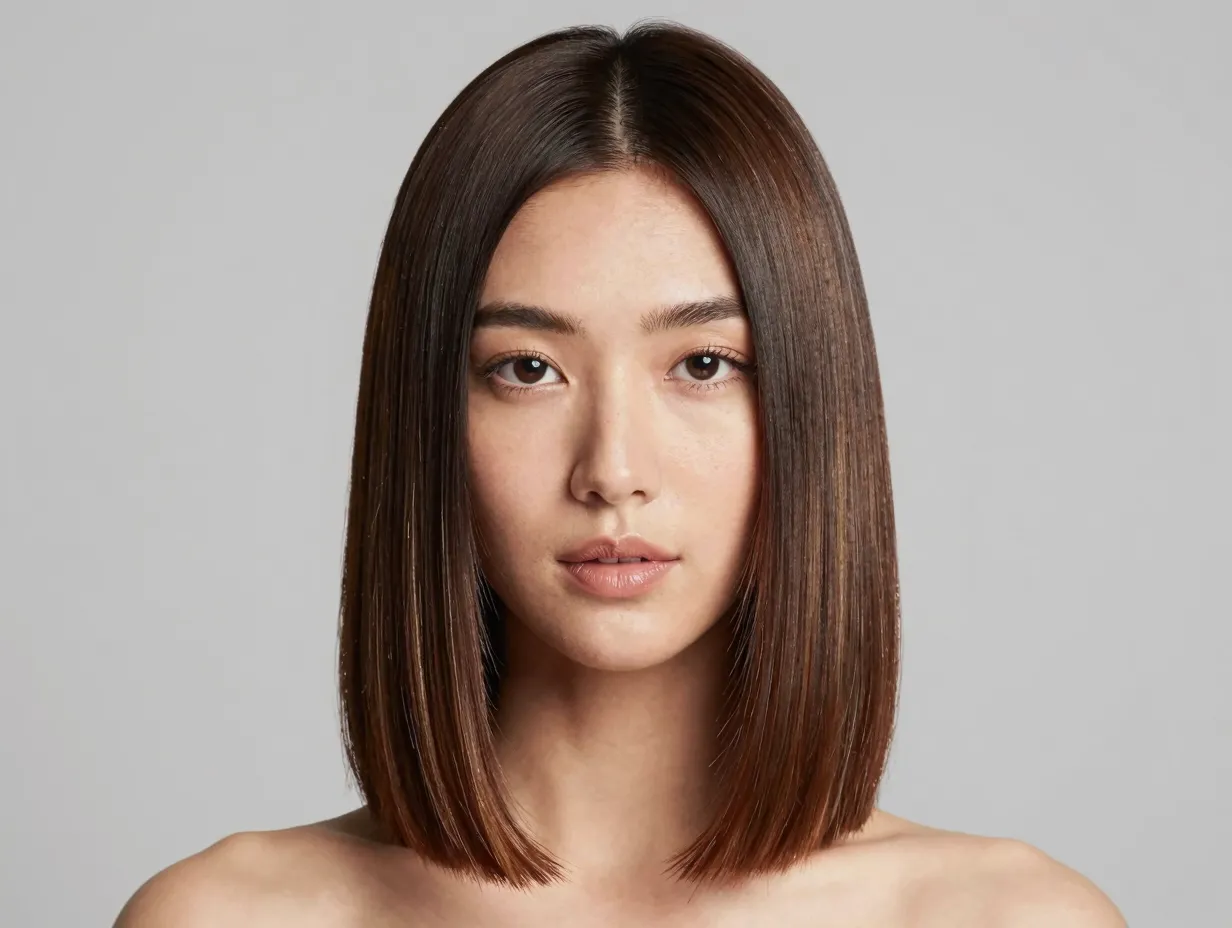 Classic blunt cut with sharp ends and subtle money piece highlights