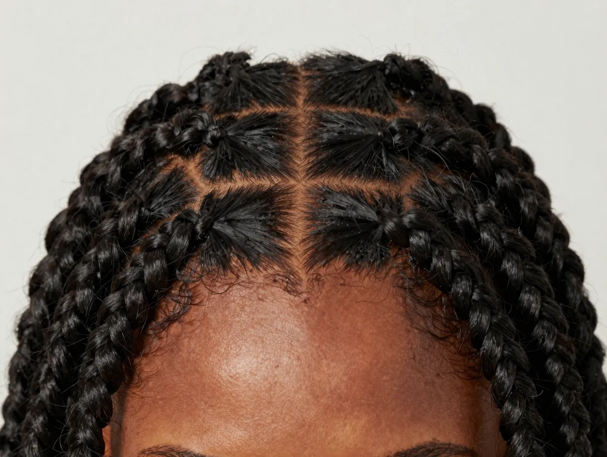 Classic knotless box braids in square partitions on healthy scalp