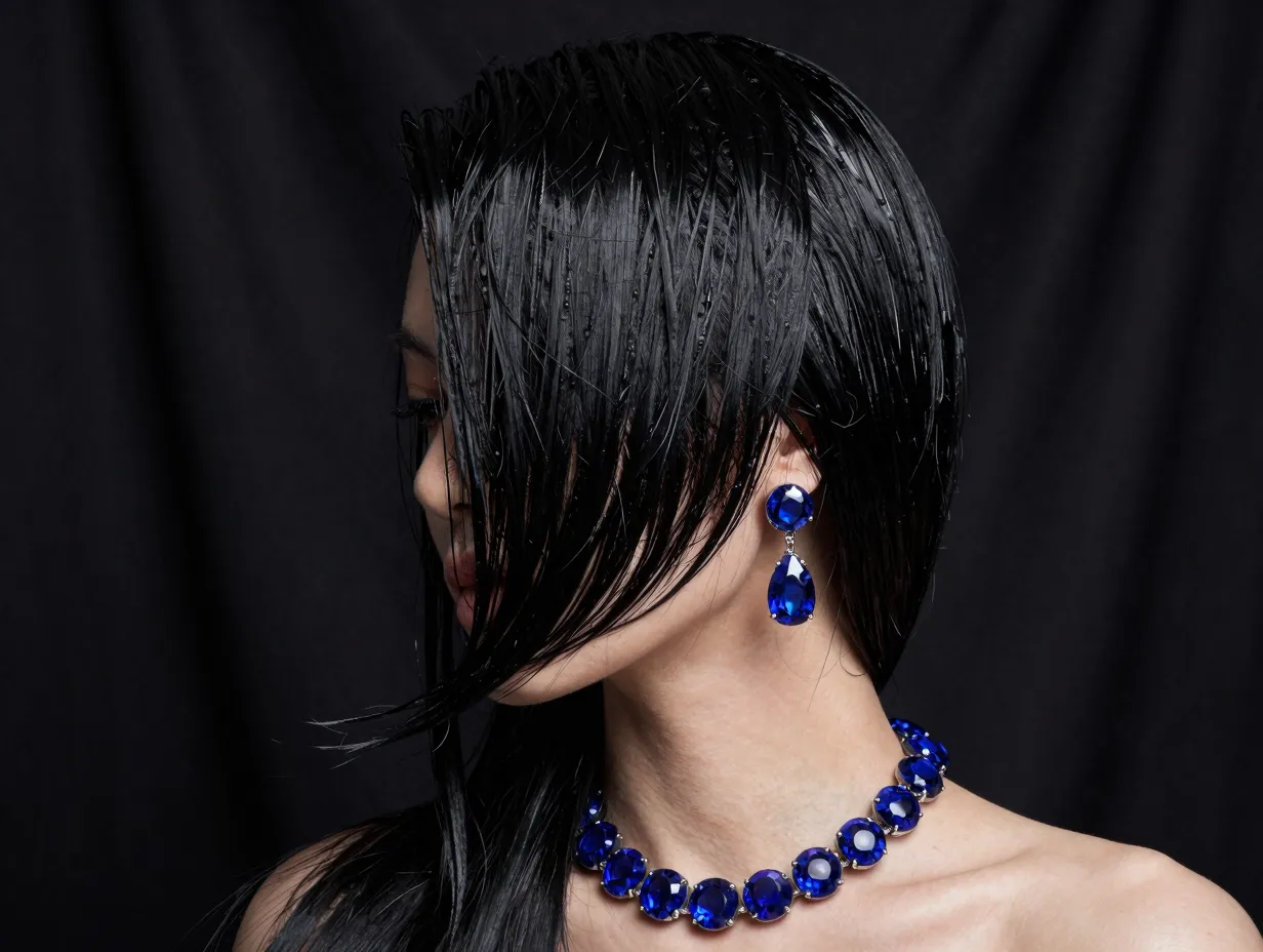 High gloss jet black hair with sapphire blue accessories against dark backdrop