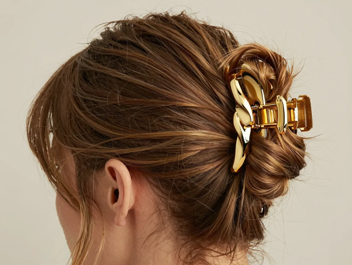 Sculptural gold claw clip architectural twist on casual half up bun