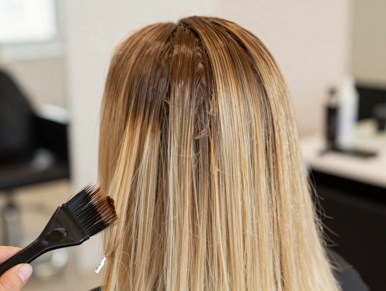 Shadow root technique blending dark demi permanent color into blonde lengths
