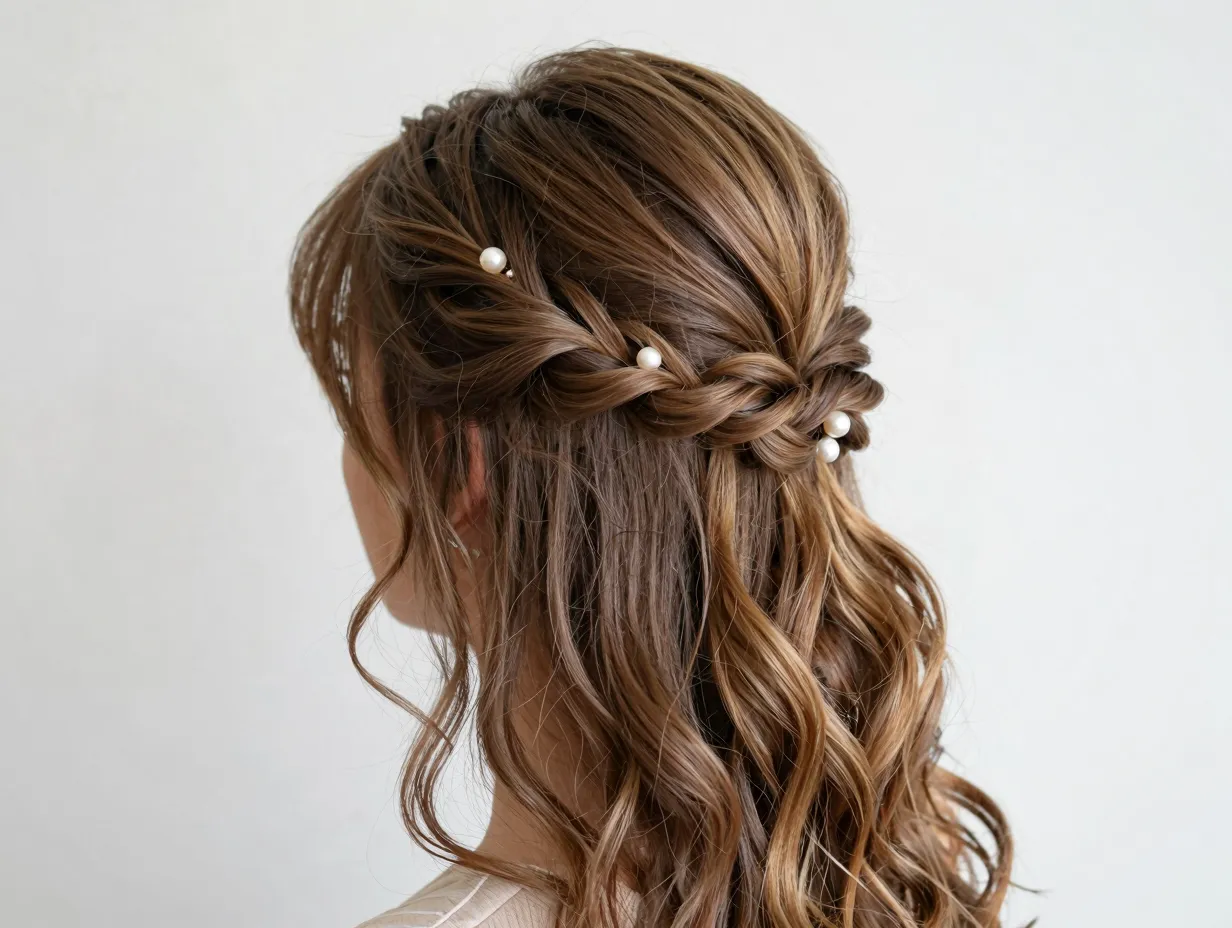 Twisted half up crown with pearl pins soft waves loose hair