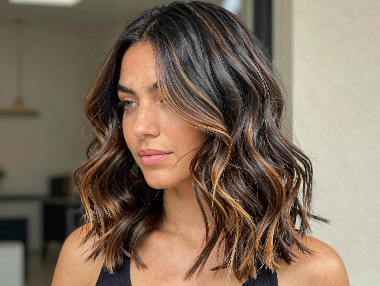 Black hair with warm caramel brown highlights in natural sunlit setting