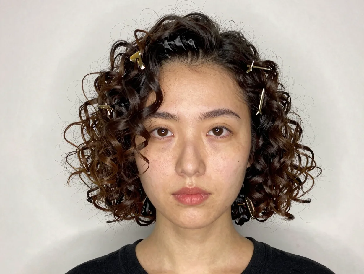 Face framing curly bob with loosely pinned back satin clipped sections