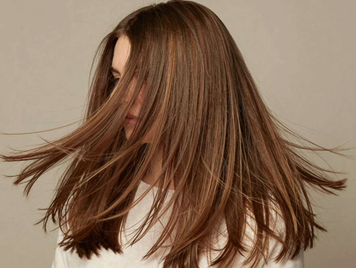 Feathered layers creating voluminous texture on thick straight hair
