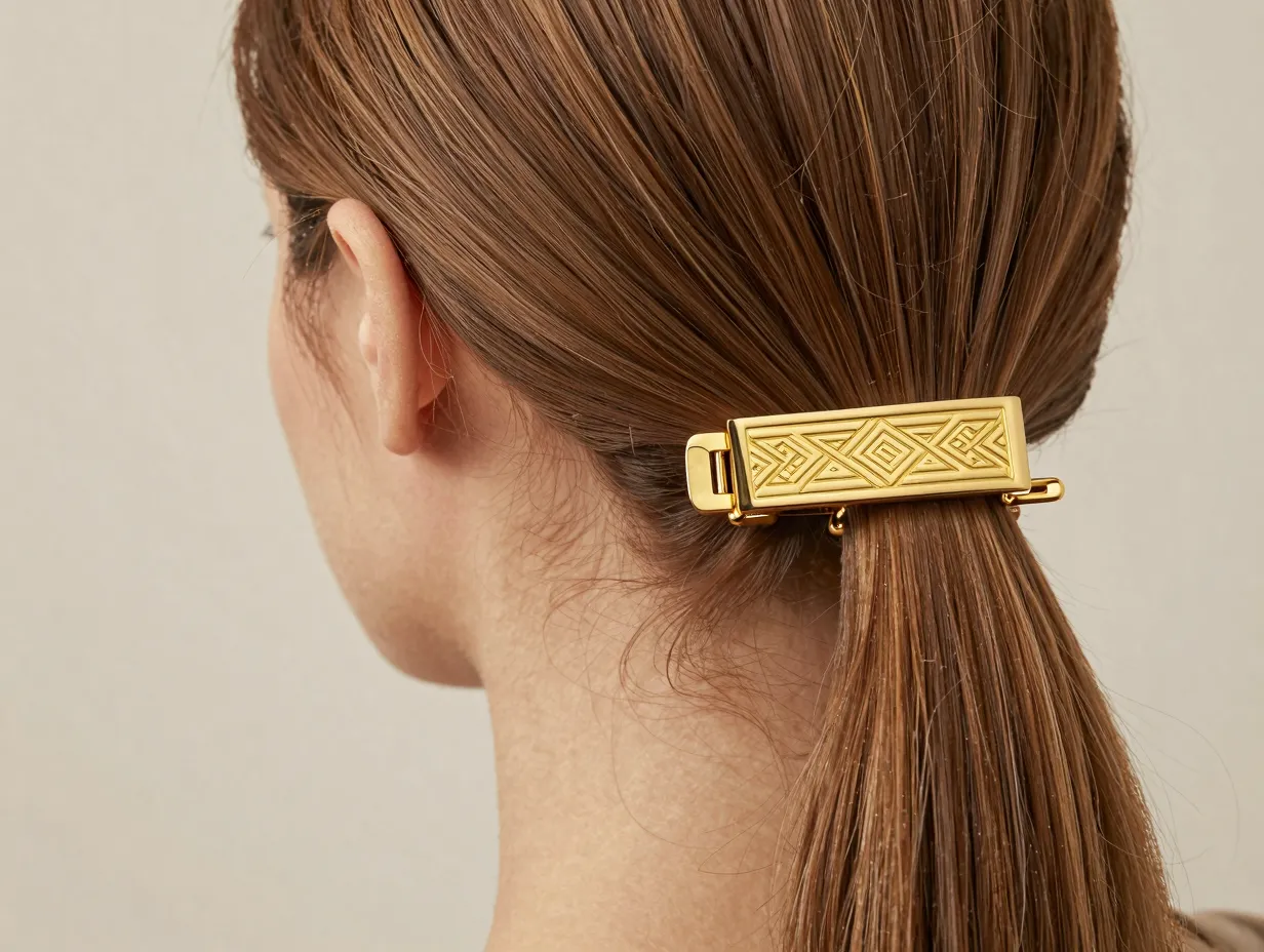 Rectangular 18k gold plated barette securing sleek low ponytail
