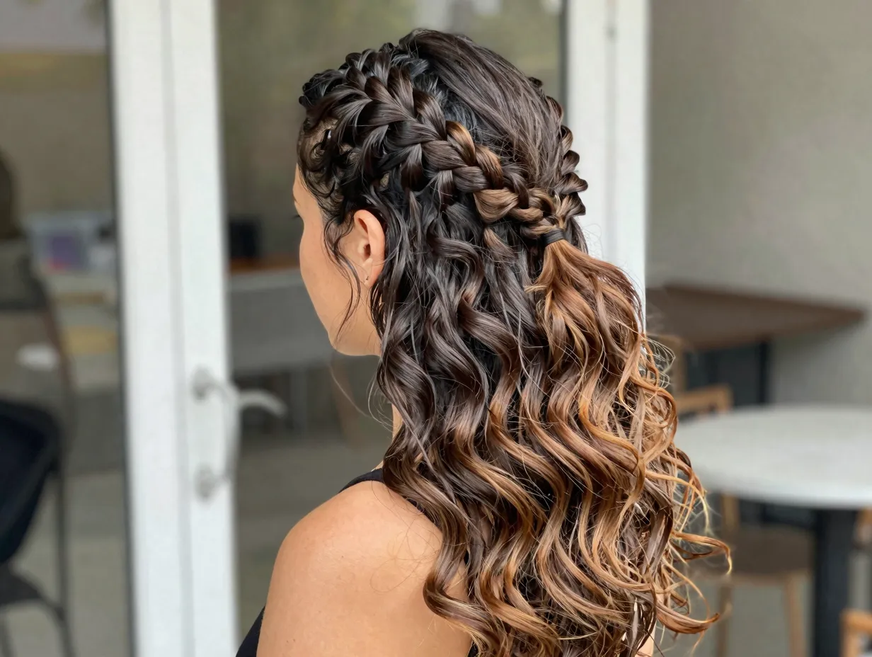 Trendy half braid ponytail on wavy hair