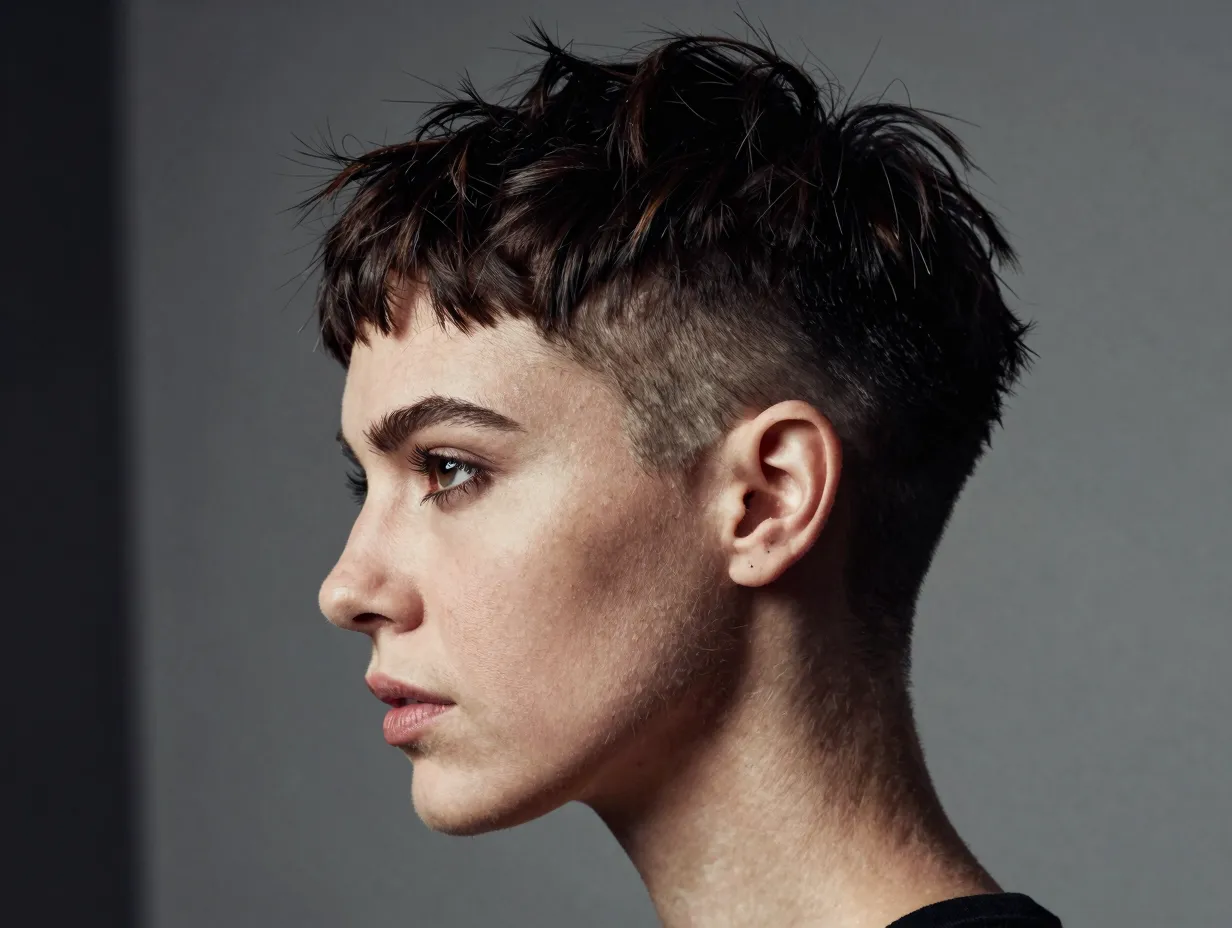 Bold pixie with shaved sides and longer textured top section